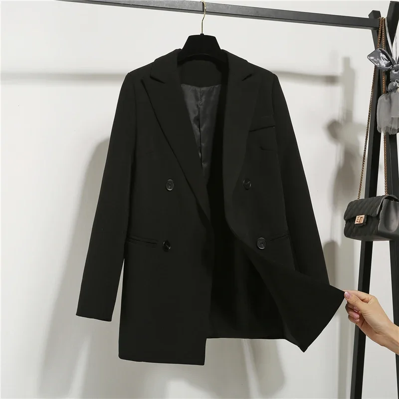 Blazer wanita, jaket hitam Korea musim gugur musim dingin 2023, Blazer pakaian kerja wanita berlekuk dua baris longgar kasual