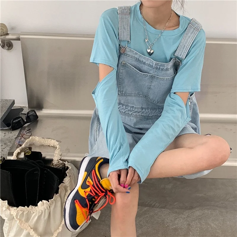 

Playsuits Womens Blue Denim Retro Loose Casual Pockets Wide Leg Tassel Vintage Harajuku Popular Lady Korean Style Rompers Simple