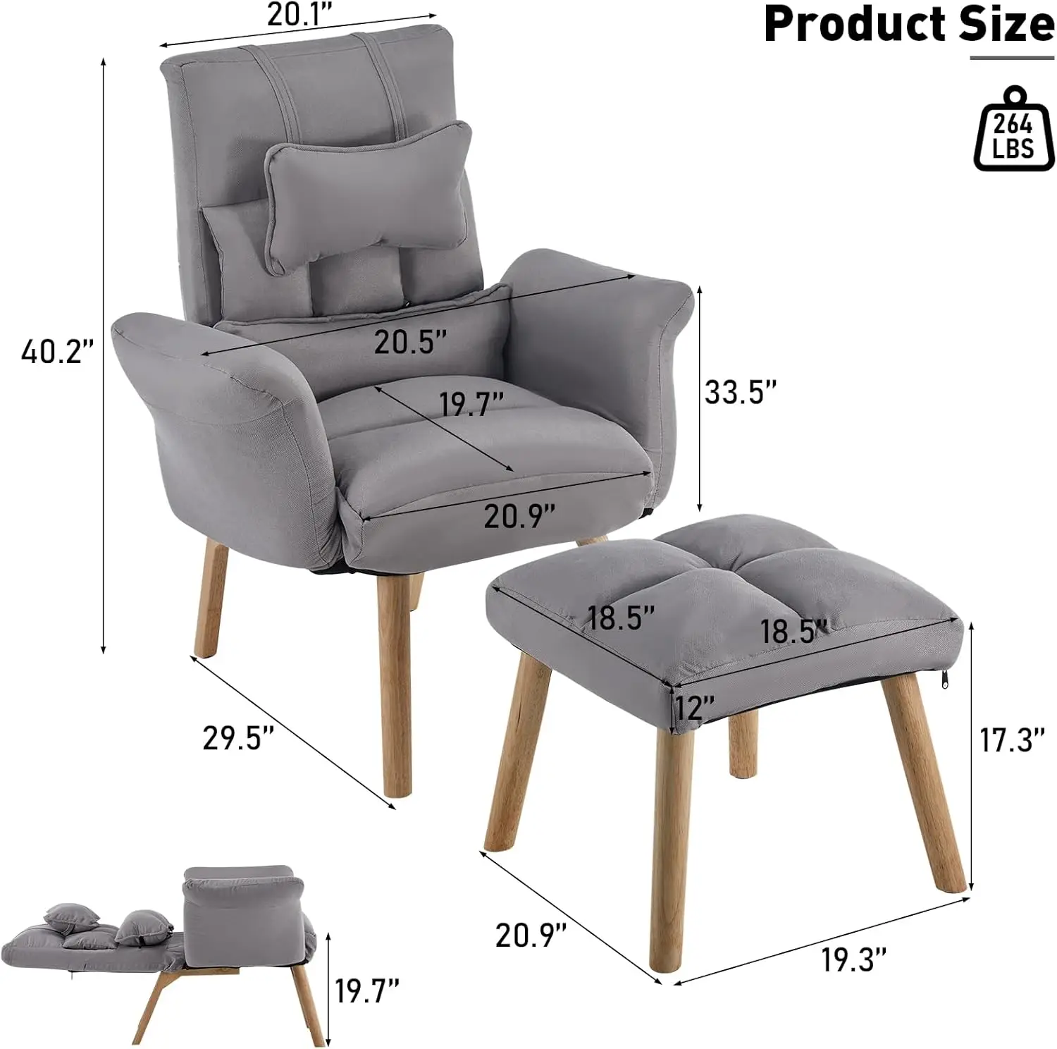 Lazy Chair with Ottoman, Modern Linen Fabric Accent Chair with Footstool, Leisure Sofa Armchair with 5 Angles Adjustable