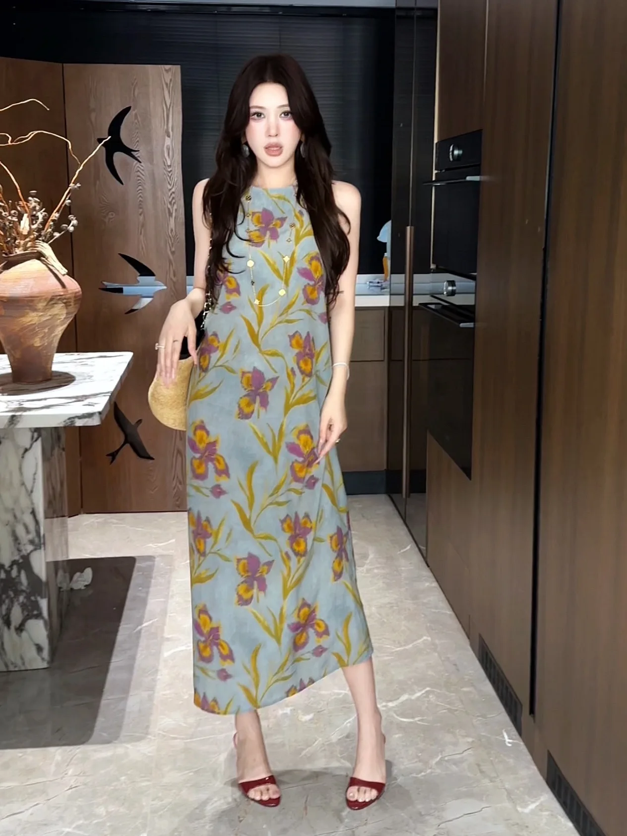 

G.yantong Floral Print Sleeveless Women's Dress Slimming Waist Design Summer New Style Long A-Line Skirt French Style QZ1096