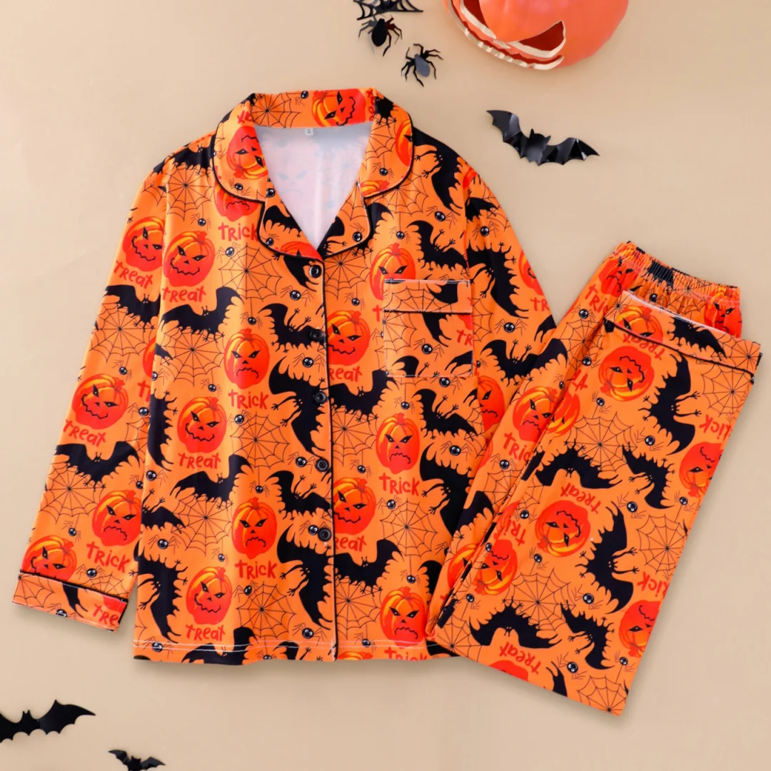 Women's Orange Pumpkin Bat Print Pajama Halloween Themed Long-sleeved Pants Spring Autumn Home Wear Set