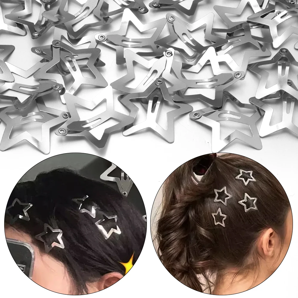 10/20/50/100/200pcs Y2K Silver Star Hair Clips For Girls Metal Snap Clip Hairpins Barrettes Hair Grip Jewelry Hair Accessories