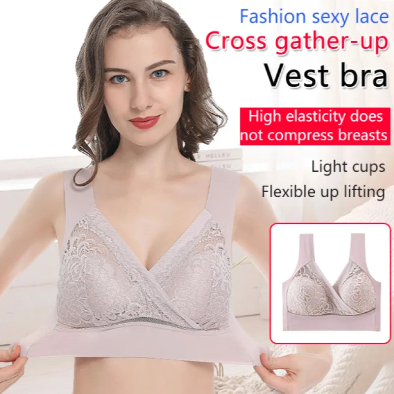 Veimia New large  size women's non-steel ring gathered bra decompression straps scarless undershirt lace underwear