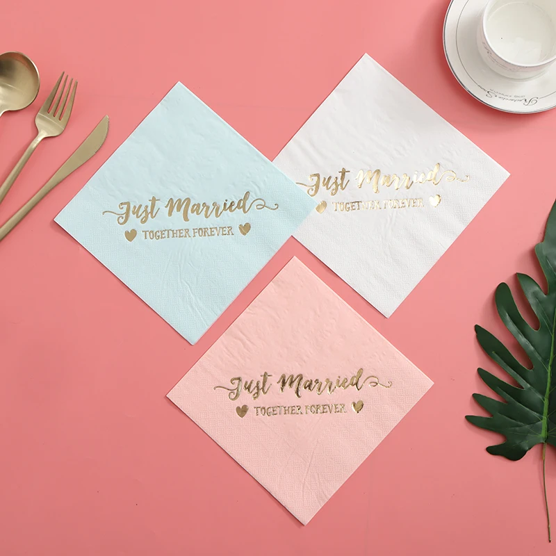 Personalized Just Married Wedding Napkins（16pcs）Rehearsal Dinner Engagement Party Custom Bar Napkins Pink Blue Fol Gold Color