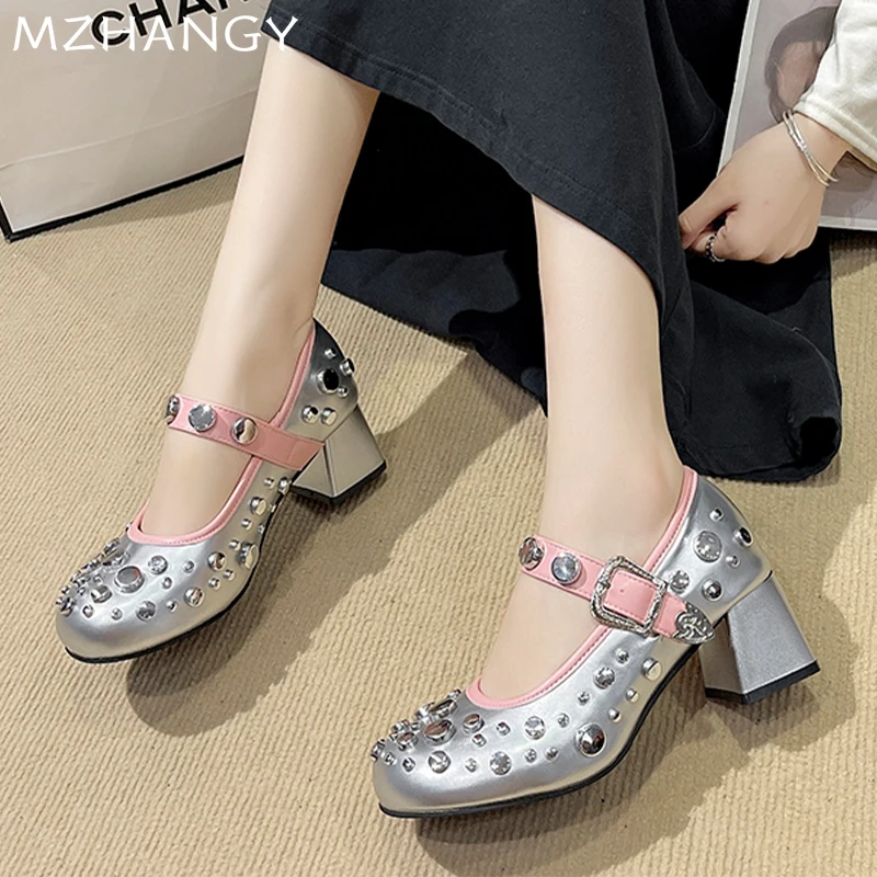 High Heels Women Mary Jane Shoes Autumn Fashion New Chunky Buckle Shoes Women 2024 Trend Dress Shoes Pumps Sandals Mujer Zapatos