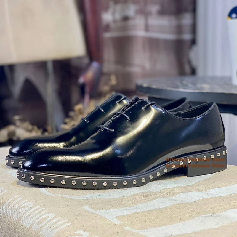 Rivets Trim Formal Oxford Leather Shoes Shiny Black Leather Lace-Up Dress Shoes Banquet Wedding Shoes Handmade Men's Shoes