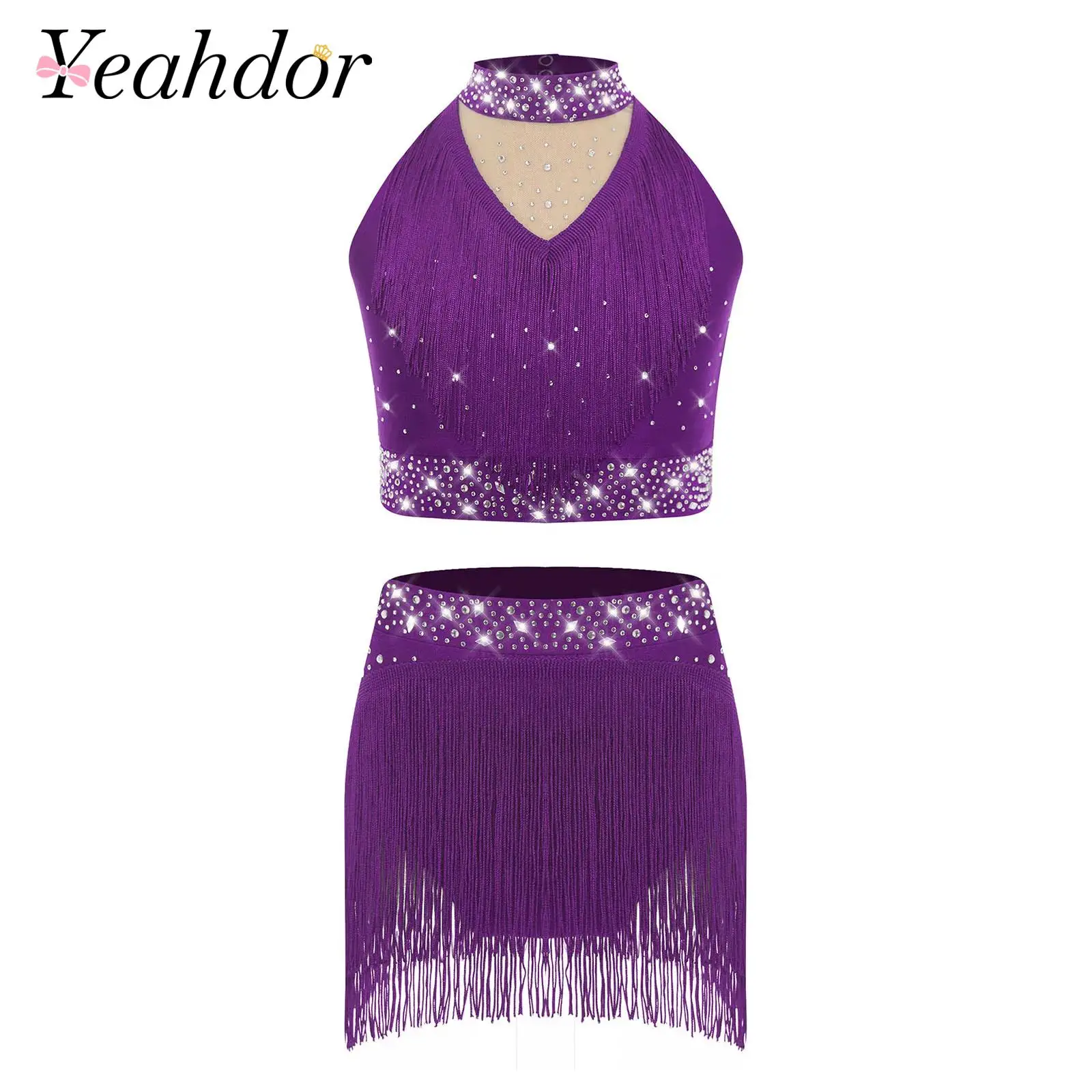 

Kids Girls Sparkly Sequins Two Piece Dance Outfit Salsa Samba Fringes Kid Performance Outfits Latin Dance Ballroom Party Dress
