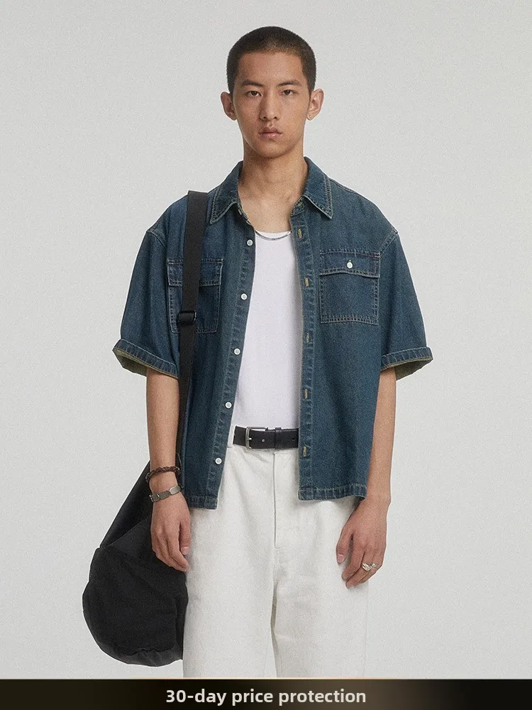 

Retro American Sle Men's Denim ort Sve irt Casual Vintage Workwear Cotton 00% Summer Faion Brand BF Sle