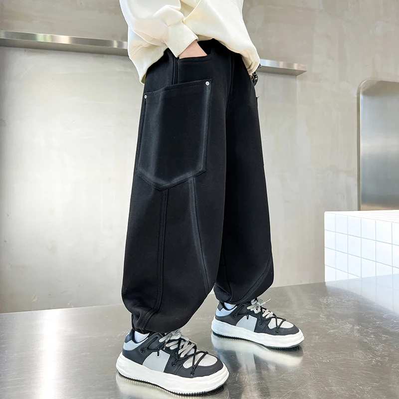 New Autumn Korean Kids Knitted Sweatpants with Side Pocket Boys Casual Track Pants For Teenage Child Cotton Sports Trousers 5-14