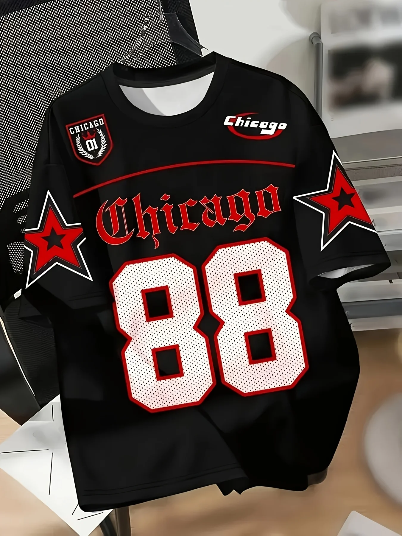 شيكاغو 88 عدد وأفق مميز تي شيرت أحمر أسود الحضرية الشارع الشهير جيرسي الترفيه كرة قدم رياضية جيرسي ملابس للرجال ﻿ تيز