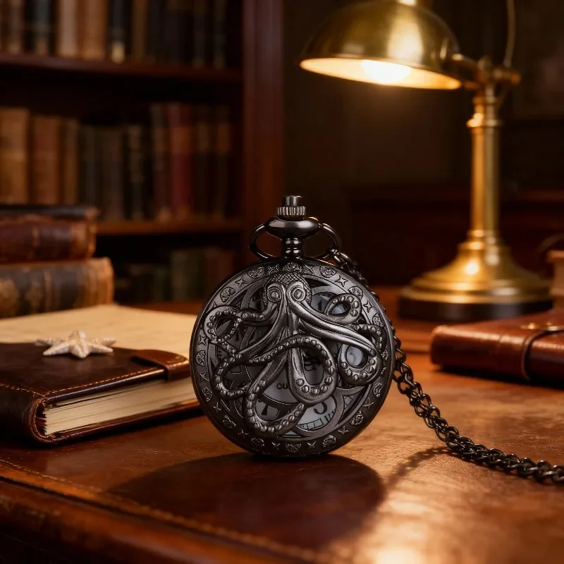 

Винтажные черные и бронзовые карманные часы с узором осьминога, кварцевые карманные часы с цепочкой и ожерельем, подарок для мужчин и детей, reloj bolsillo hombre
