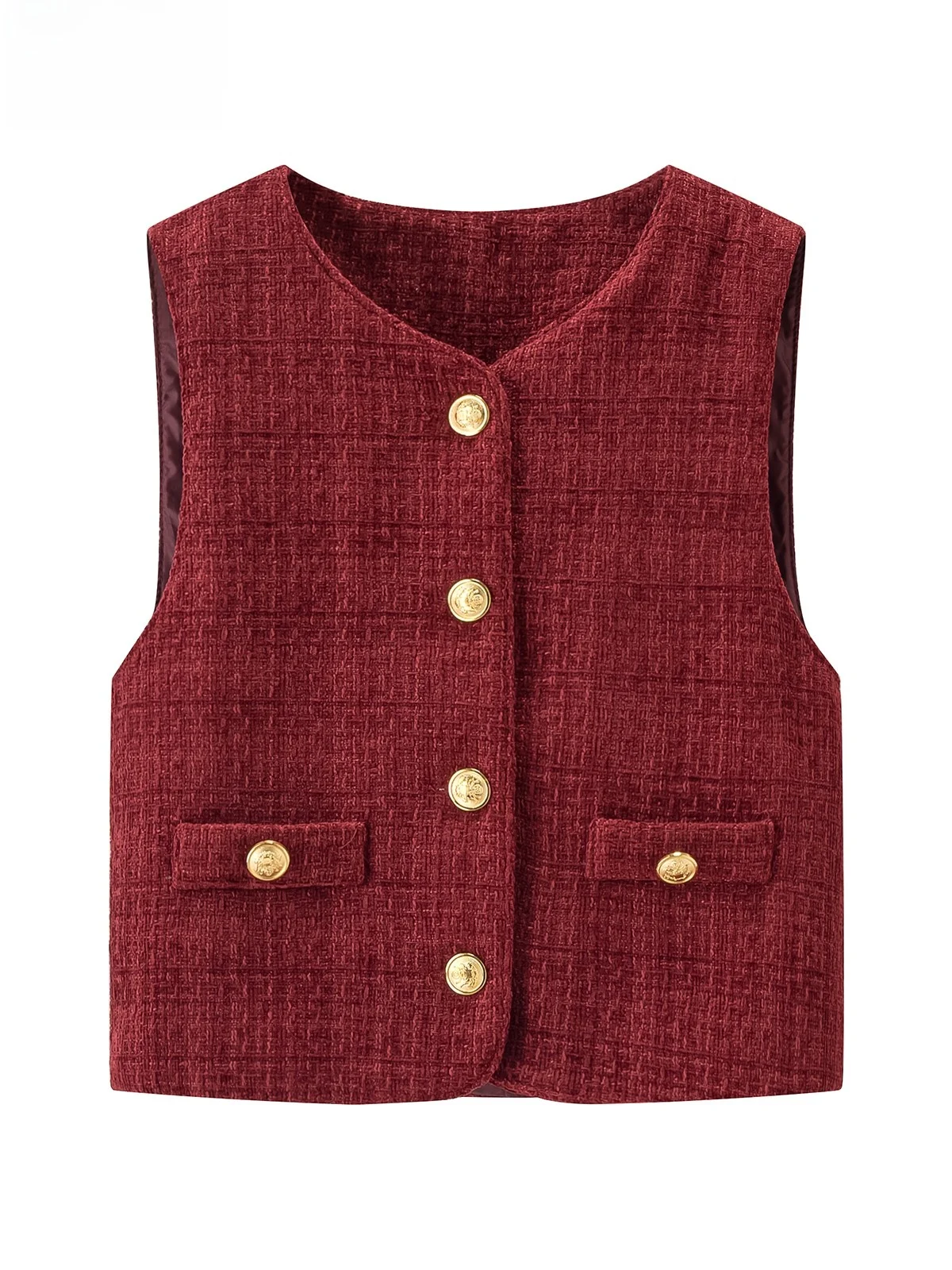 

Etam Red Woolen Vest Women's Slim Fit Faionable Autumn Outerwear round Ne Single Button Closure Color Commute Sle
