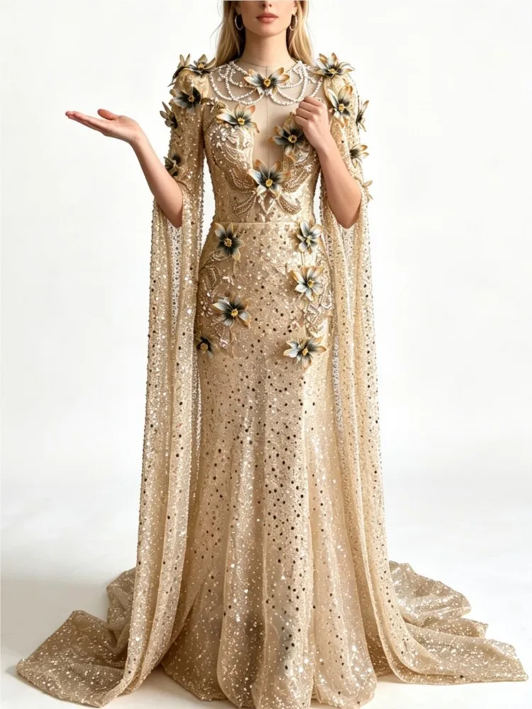 Champagne Host Toast Deep Catwalk Beading Shawl Three-Dimensional Dress