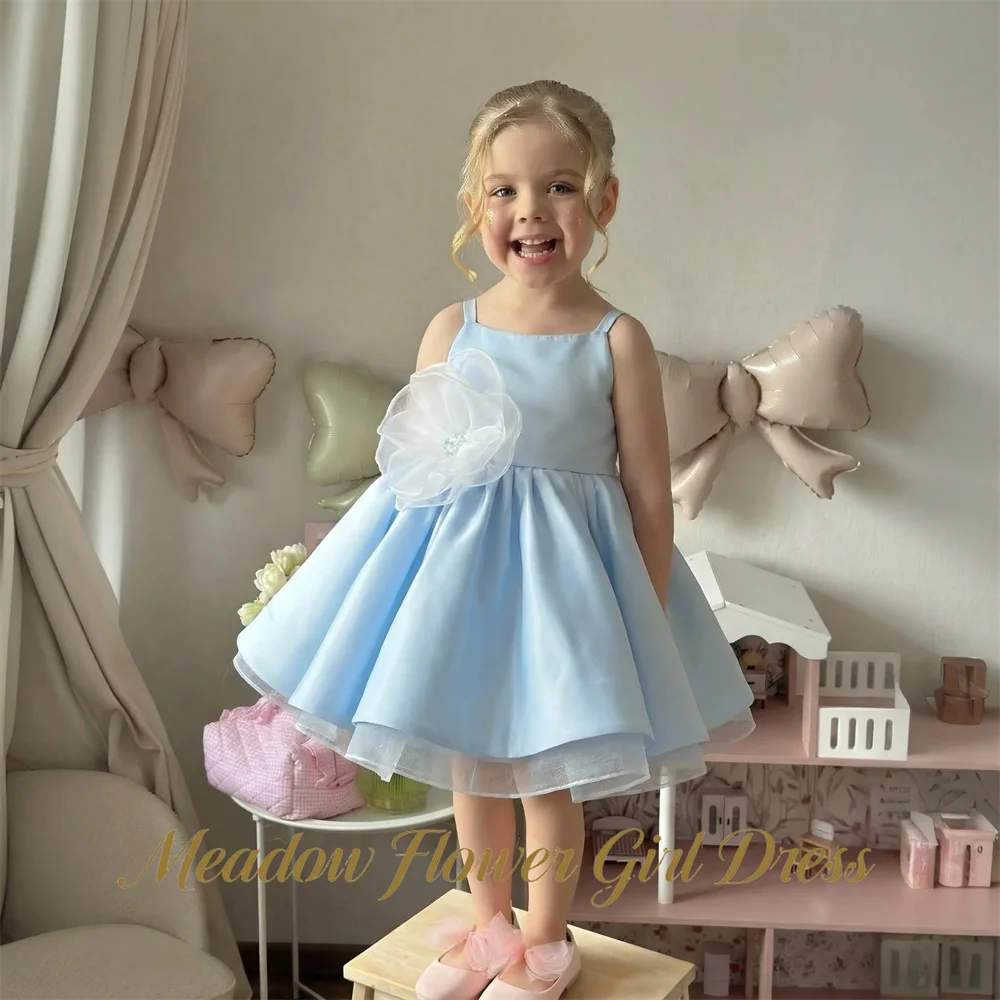 Meadow Spaghetti Strap Princess Girls Dress 3D Flower Kids Birthday Party Dress Light Blue Tutu Fluffy Prom Gown Customized