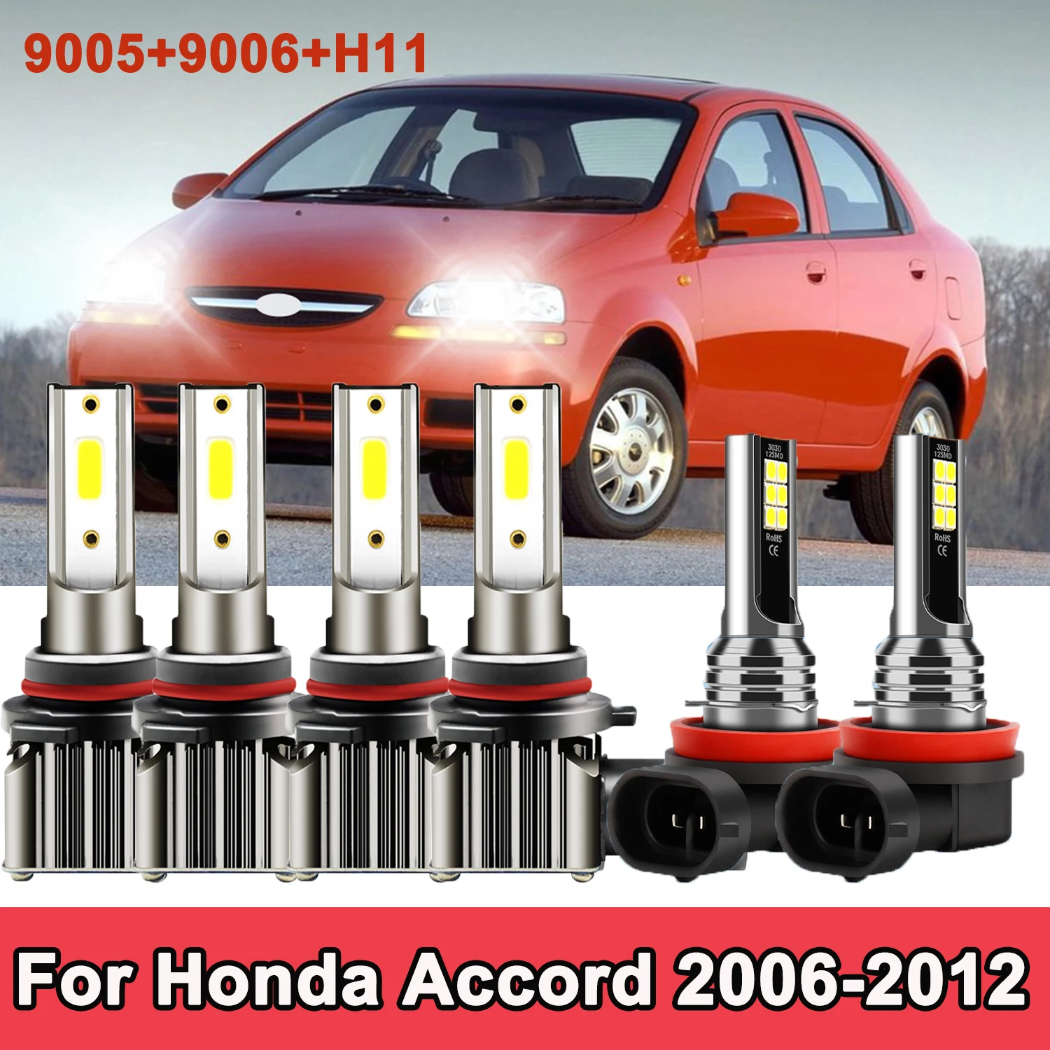 

6x LED Headlight 9005 9006 Four-sides Bulbs+H11 Fog Light Combo Lamps Kit For Honda Accord 2006 2007 2008 2009 2010 2011 2012