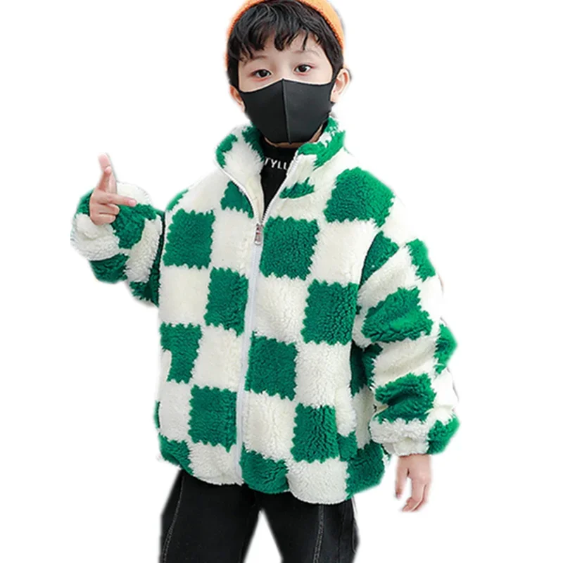 

Baby Boys Lamb Wool Warm Coat Plaid Pattern Cashmere Fleece Jacket Teens Thicken Clothing 2024 Winter Boys Kids Korean Outerwear