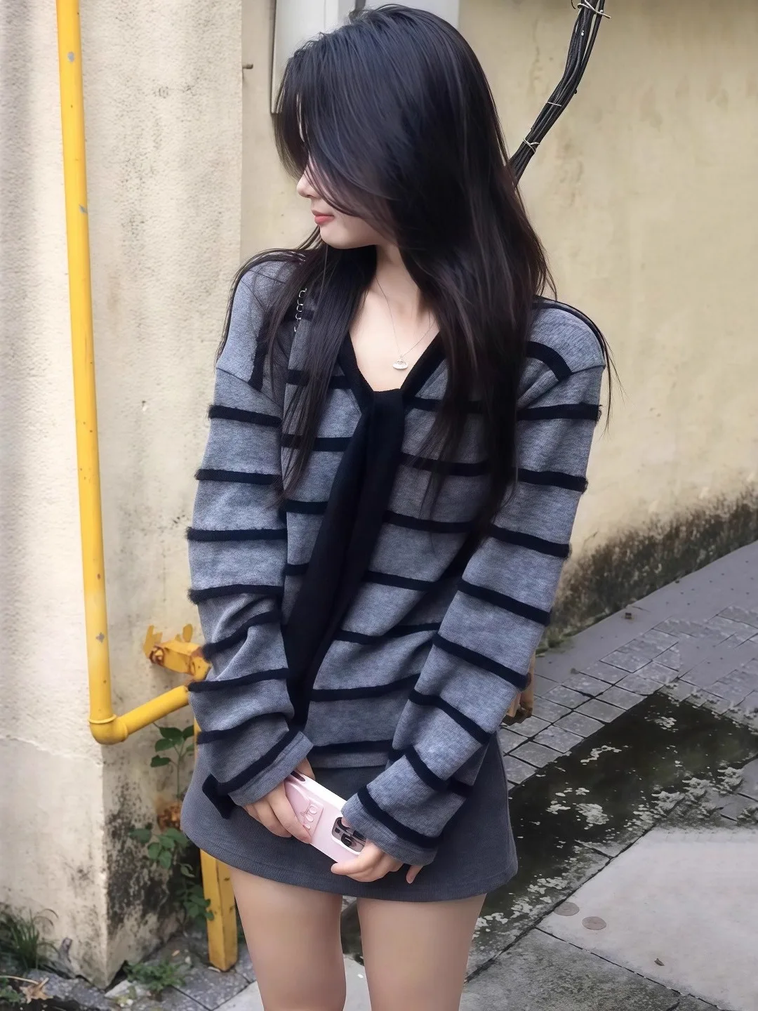 Retro ey Gestreifter Long Sve Damen Strickwaren V-Ne Loose Lazy Sle Herbst Winter High-End Feeling Pullover Sweet Sle