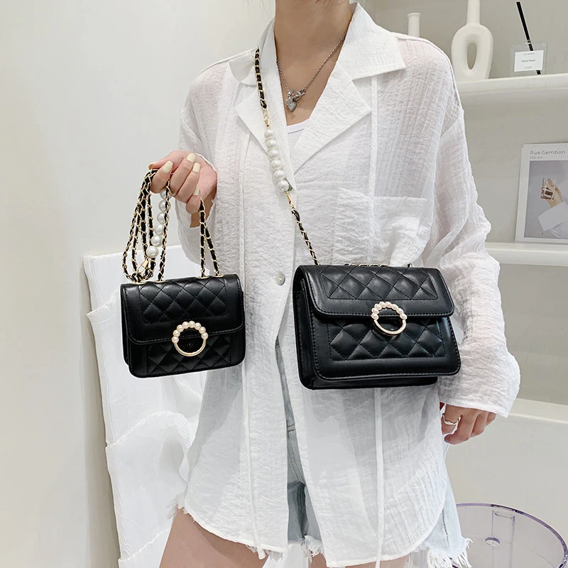 Brand Design Vintage Women Small Shoulder Bag Crossbody Bag Purse Girl Blue Black White Clutch Case Fashion Pearl Chain Bag