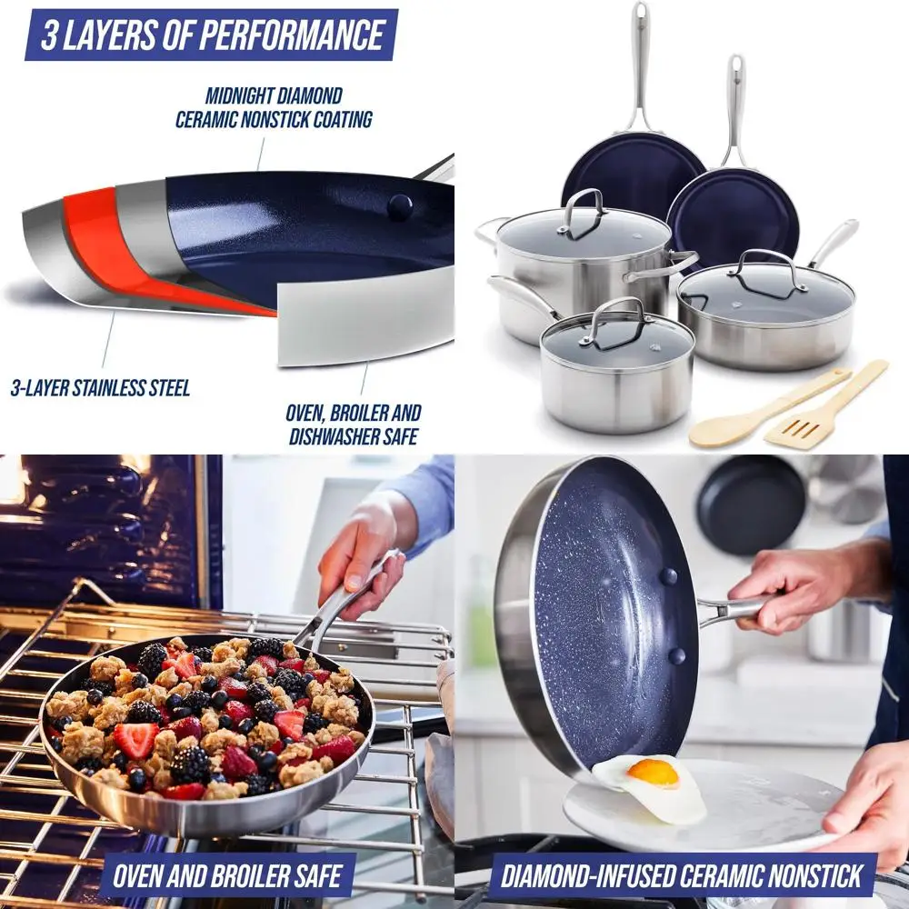 

10-Piece Pro Cookware Set: Diamond Ceramic Nonstick, Stainless Steel, PFAS-Free, Dishwasher & Oven Safe, Silver
