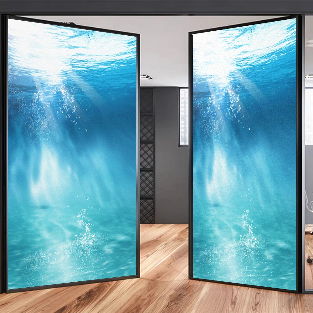 Privacy Window Film UV Blocking Heat Control Window Covering No Glue Static Cling Sea Water Decorative Window Sticker