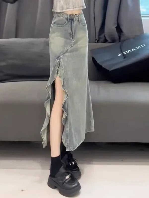 plus Size Vintage Mid-Length Denim Skirt Women Summer Design Sense Wave Open U-Cut Tummy Control Fish Tail Skirt
