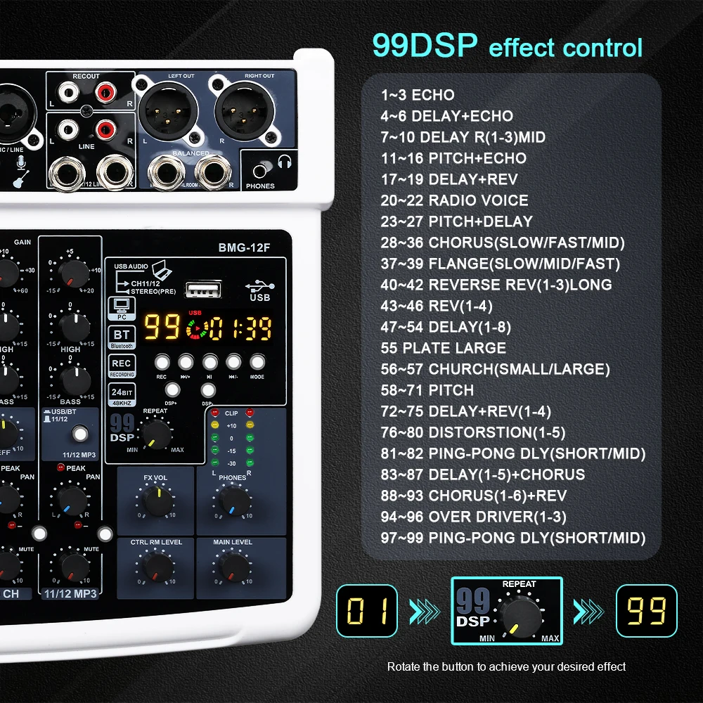 2025 vendita calda BMG-12F Console di missaggio mixer con effetto riverbero 99 integrato audio USB professionale a 12 canali con mixer Bluetooth per