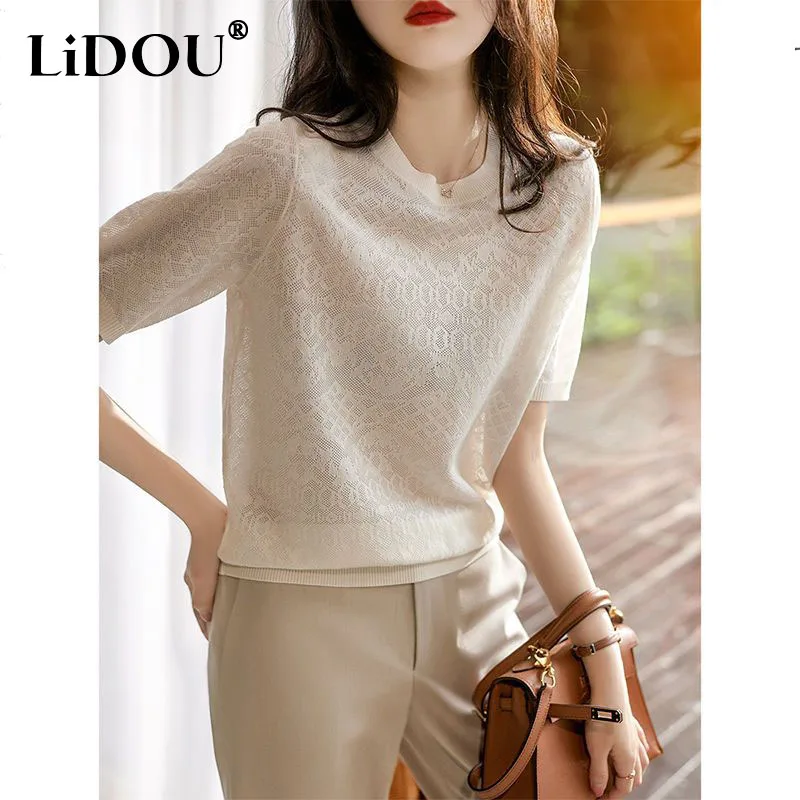 

Spring Summer Loose Hollow Out Solid Color Fashion Lady T-shirts Round Neck Short Sleeve Female Pullovers Vintage Tops Women