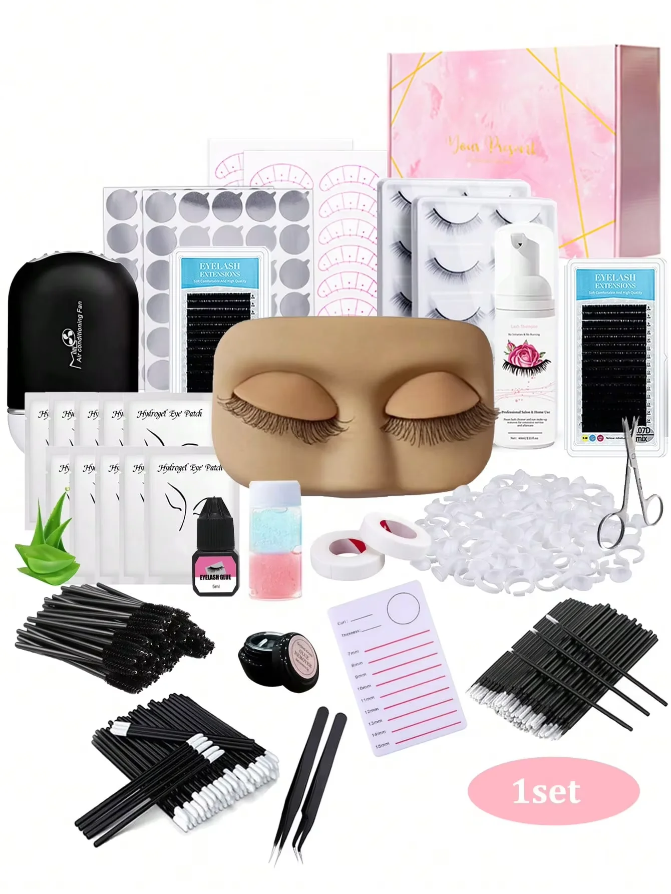 19pcs Lash Extension Kit,Professional Lash Extension Kit for Beginners Includes Practice Mannequin Head Lash Trays, Glue, Tweeze