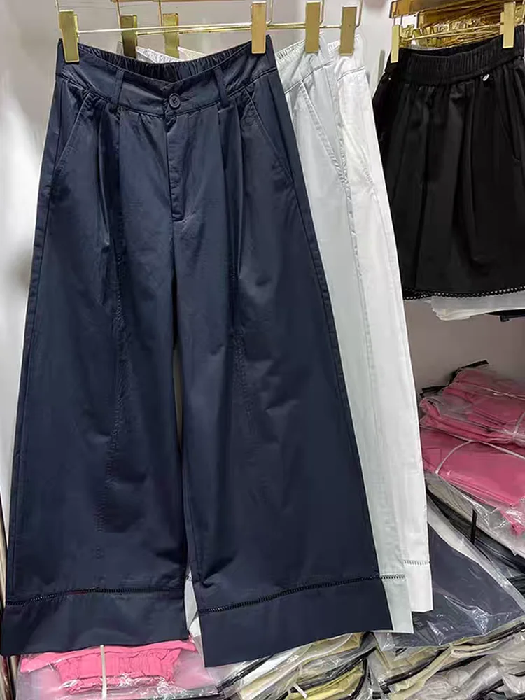 Hohe Taille Gerade Bein Casual Hosen frauen aushöhlen Spleißen Breite Bein Neun Punkte Dünne Sommer Neue Sle Koreanische Version