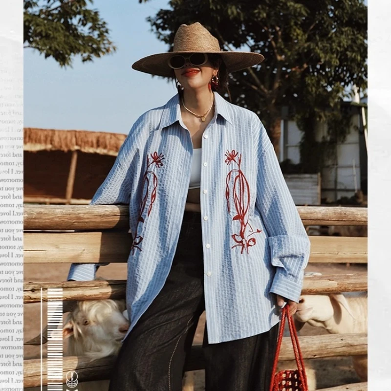 

140cm Bust Spring Fall Oversized Shirts Women French Lazy Style Blue Striped Embroidery Long Sleeve Elegant Loose ShirtsTops