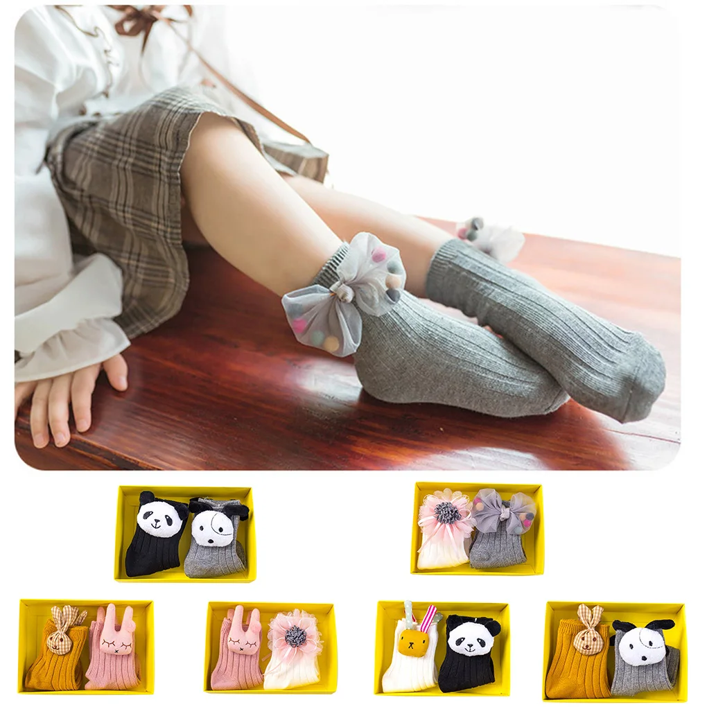 2 Pair Cotton Infant Socks Baby Girls High Knee Long Knitted Socks Cartoon Animal Newborns Toddlers Leg Warmers