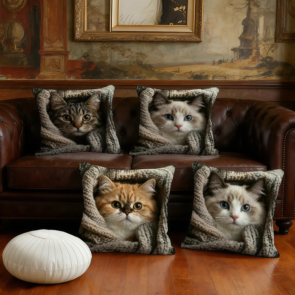 Cute scarf cat cushion cover Plush Fabric Soft Double Sided Print Sofa Cushion Cover Throw Pillow Covers