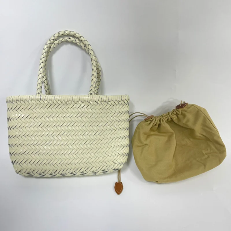 

Weave Genuine Leather Handbag Feminine Handmade Woven Bucket With Cotton Pockets Casual Knitting Leather Shopping Bags