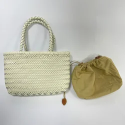 Weave Genuine Leather Handbag Feminine Handmade Woven Bucket  With Cotton Pockets Casual Knitting Leather Shopping Bags