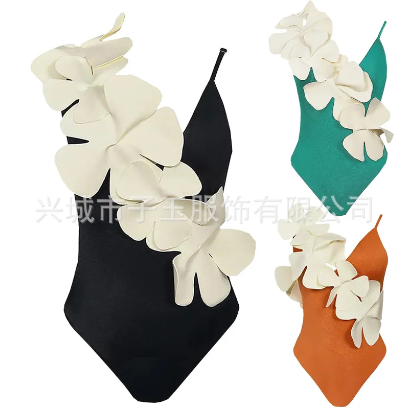 

New European And American Sexy Fashion Three-dimensional Flower Design Tight And Thin Solid Color One-piece Swimsuit Women