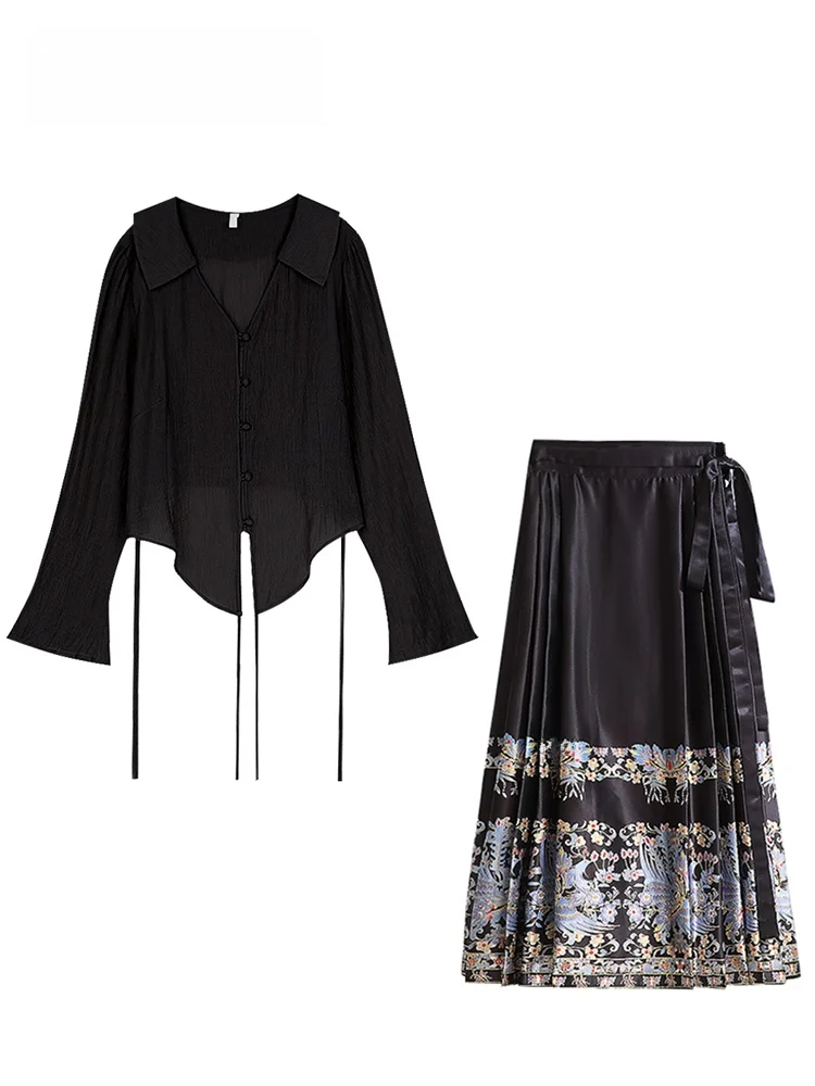 

Новый китайский комплект одежды CaraCLUB больших размеров для женщин: весенний модный комплект из блузки с длинным рукавом и юбки для женщин больших размеров.