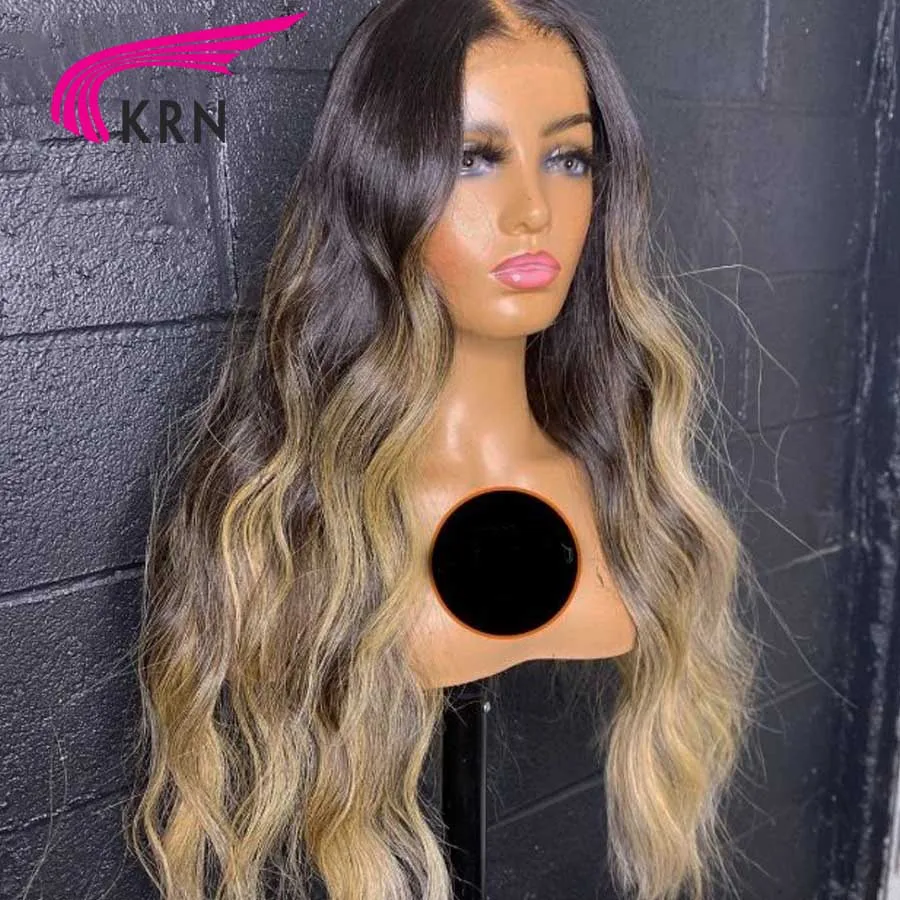 KRN 250 Wig Ombre warna 13x4 renda depan dengan bagian tengah rambut Brasil 13x6 Wig renda transparan dengan rambut bayi