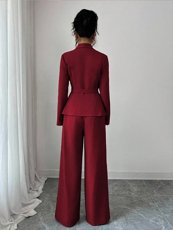 Damen-Wickelblazer-Anzug, zweiteiliges Set, mit Gürtel, V-Ausschnitt, langärmelige Jacke, Hose mit weitem Bein, schmal geschnitten, elegant, formell, für Büro und Partys. – Detail 6