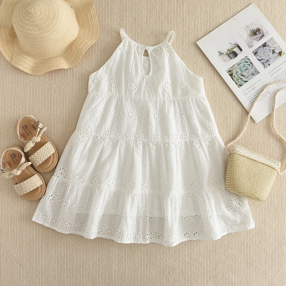 Summer Solid Color Casual Girl Dress 2-7 Year Old White Mid Length Suspender Dress Cotton Wear Plain Kids Clothing