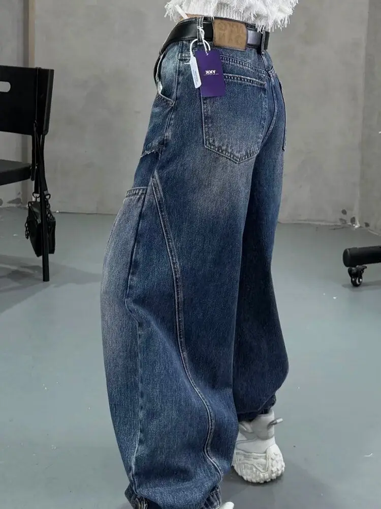 Otoño nuevo retro lavado patchwork jeans mujeres adelgazamiento cintura alta diseño suelto sentido curvo y pantalones de pierna ancha