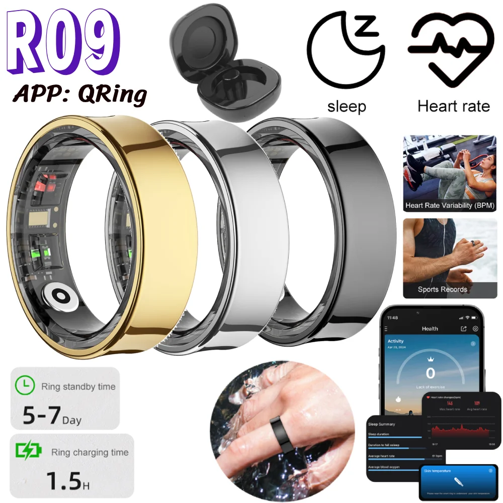 

R09 Смарт-кольцо, мониторинг сердечного ритма, кислорода в крови, сна, водонепроницаемые кольца для здоровья и фитнеса с чехлом для зарядки, удаление фотографий, пульт дистанционного управления
