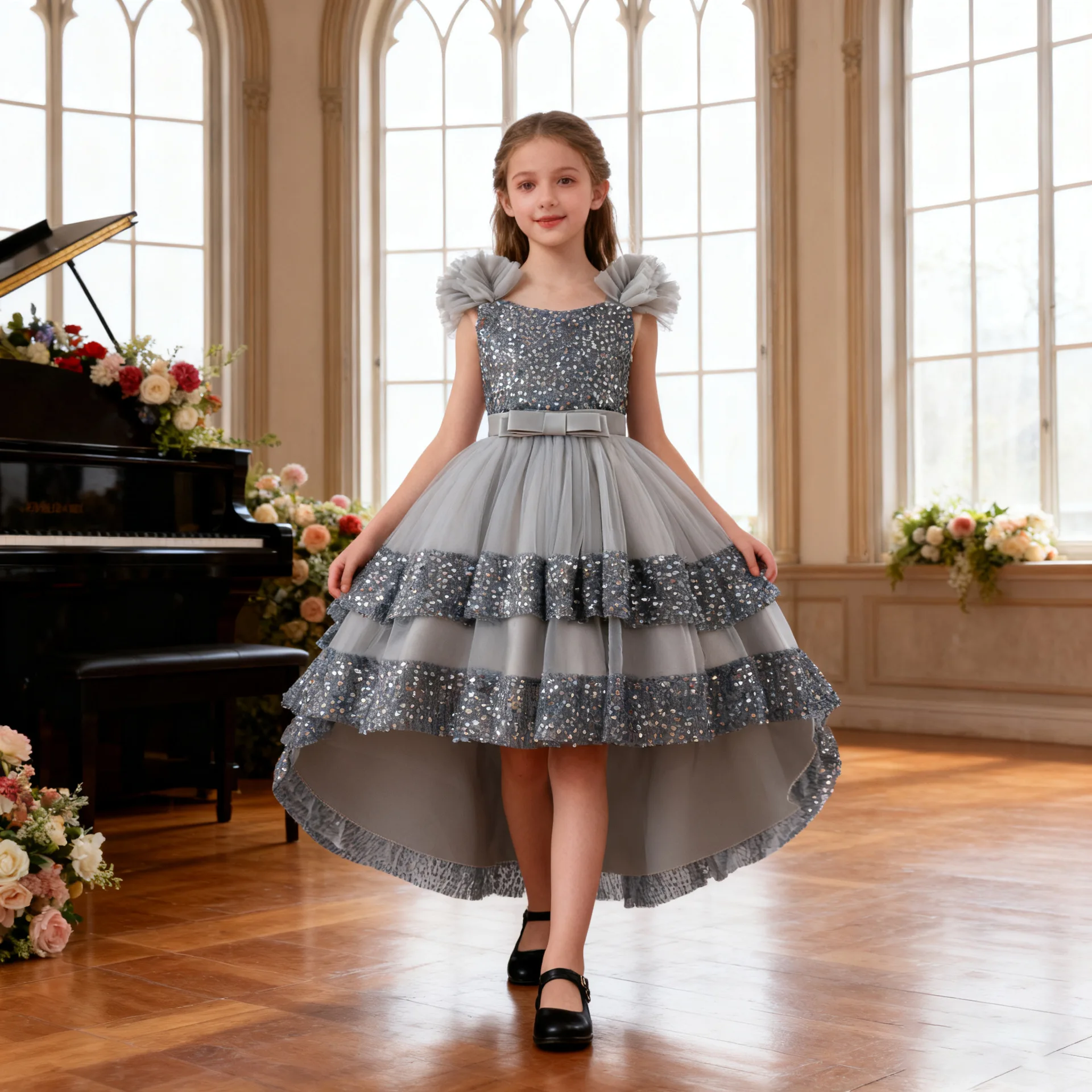 Elegant girl party dress with small fly sleeves, summer sequin trailing dress, carnival Christmas dress, children's clothing