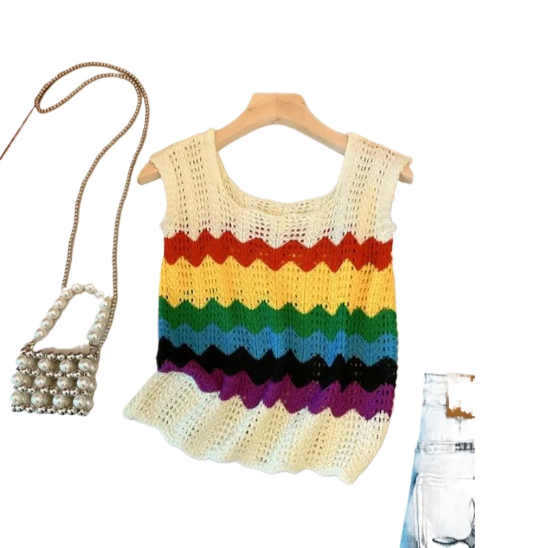

Summer Knitted Sweater Vest Women's Hollow Out Tank Top 2025 New Striped Square Collar Sleeveless Loose Short Strap Top