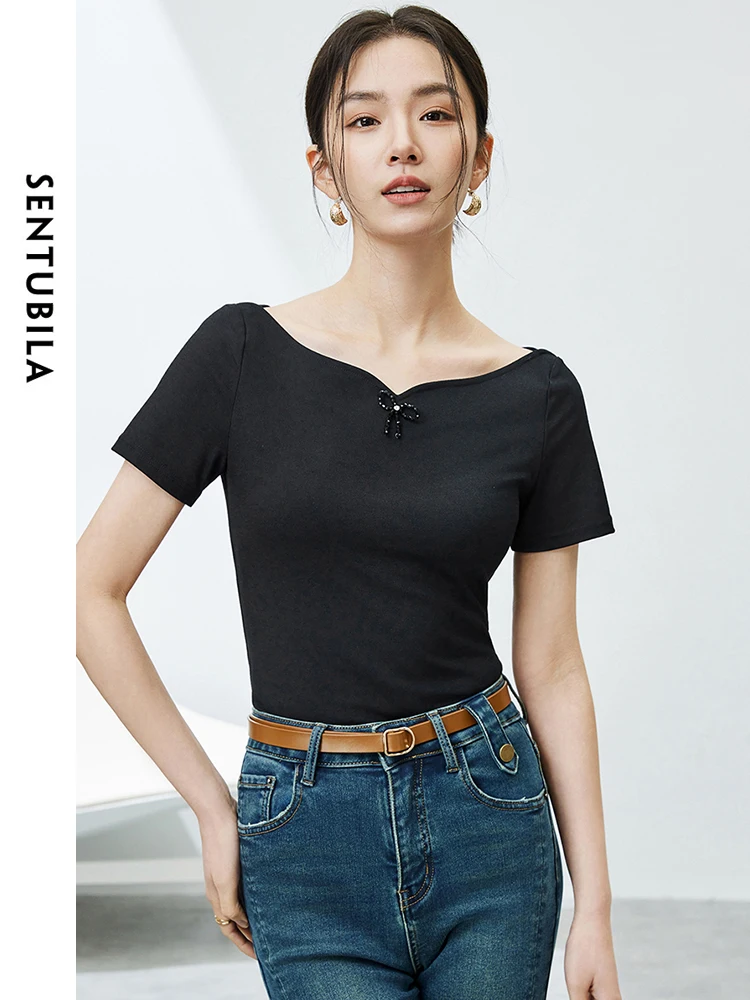 

SENTUBILA Cotton Slim Elegant T-shirt Woman 2024 Summer Simple Solid Comfort Pullovers Short Sleeve Top Female Clothes 142T54591