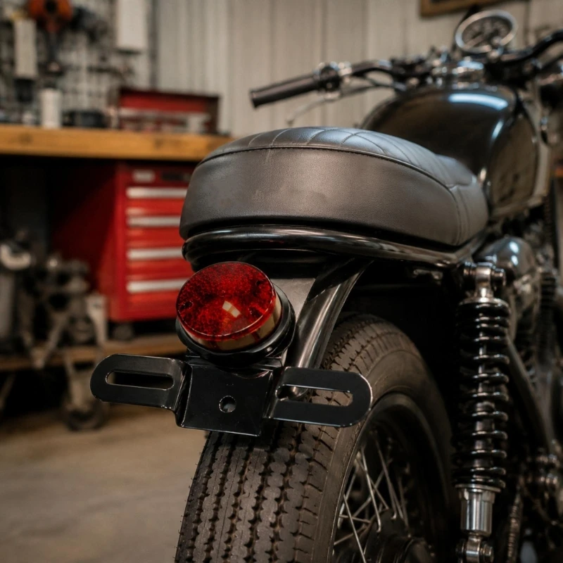 M76E Integrated Motorcycle Rear Lamp and License Plate Mount, Featuring Tail and Brake Light Functions, Retro Styling, and a
