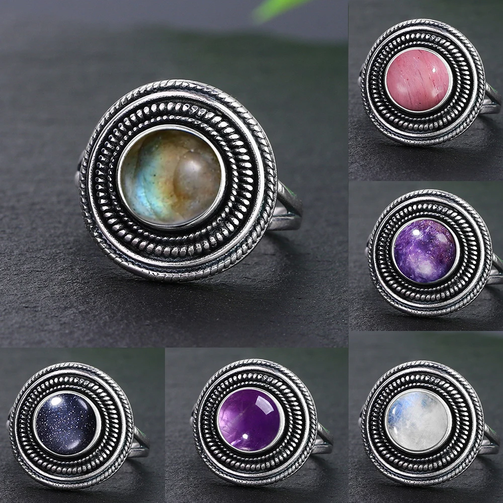 925 Sterling Silber Ring Naturstein oval 8mm Amethyst Labradorit Mondstein Retro Verlobung Hochzeits feier Geschenk für Frauen