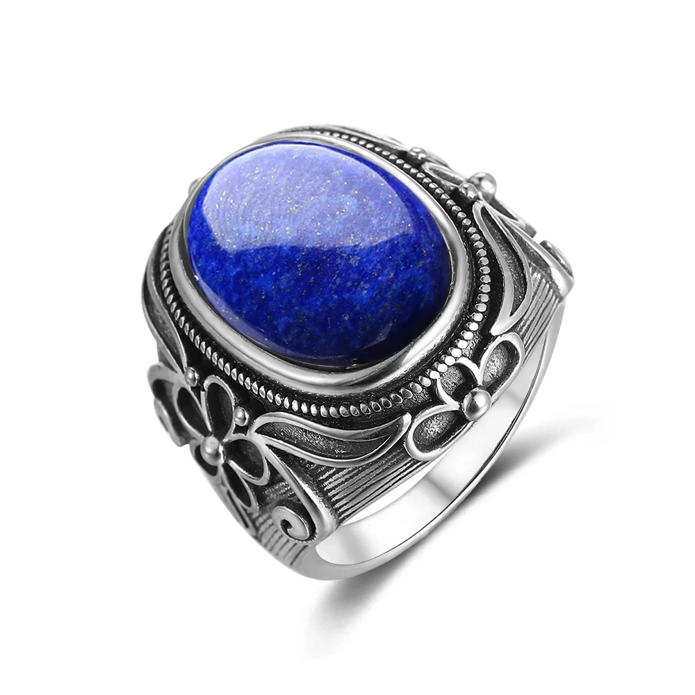 High Quality Silver Plated Ring Natural 11x17MM Oval Lapis Rings for Men Women Party Anniversary Gift Fine Jewelry