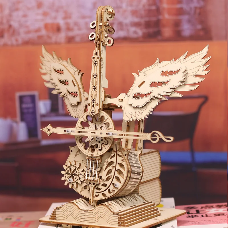 NEW DIY 3D Puzzle Wooden Miniature Building Kit Angel\'s Instrument Cello Jigsaw Puzzle With Music for Children Birthday Gifts