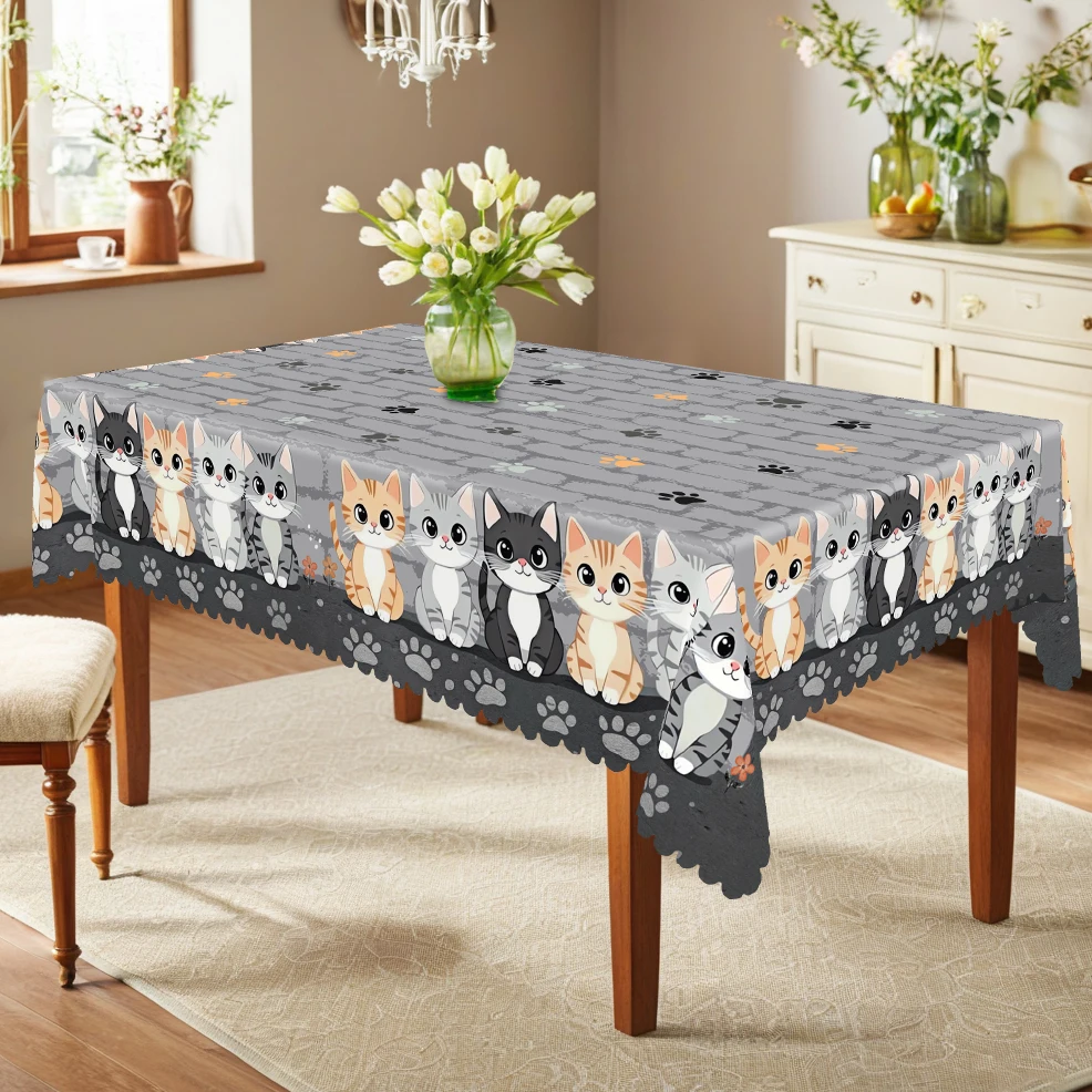 1 Piece of Cat-Themed Tablecloth, Round or Rectangular Tablecloth with Cute Cat and Paw Print Patterns, Suitable for Autumn Holiday Gatherings, Family Gatherings, Gifts, Thanksgiving Table Decorations, Garden Patio Table Decorations, Everyday Kitchen Accessories, Indoor and Outdoor Use, Durable Polyester, Machine-Embossed Edges, Multiple Sizes Available