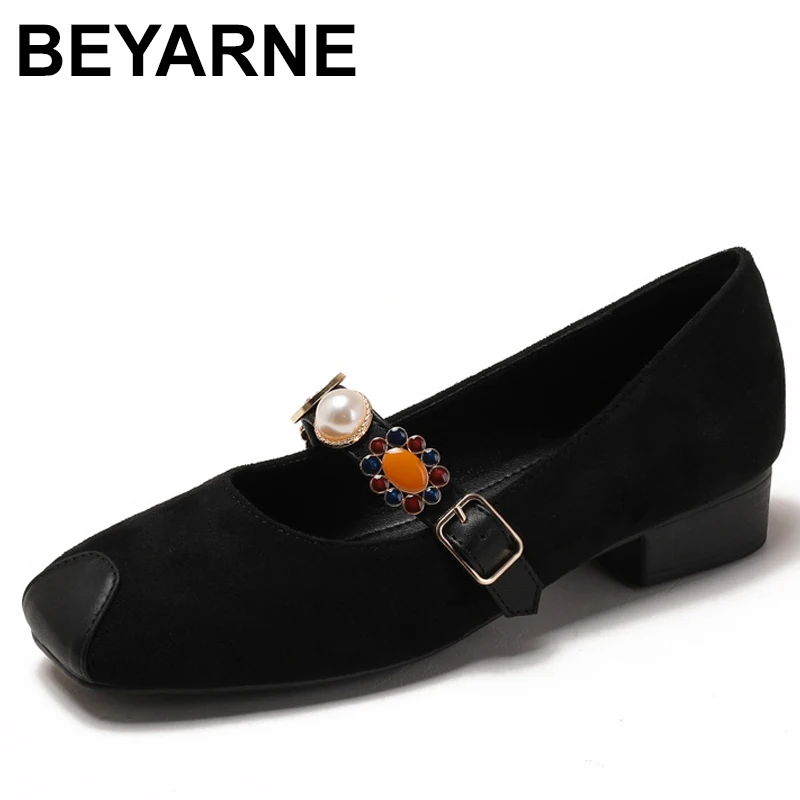 

Suede Shoes Women Office Work Flat Square Toe Retro Pearl Buckle Strap Elegant Loafers Single Shoes
